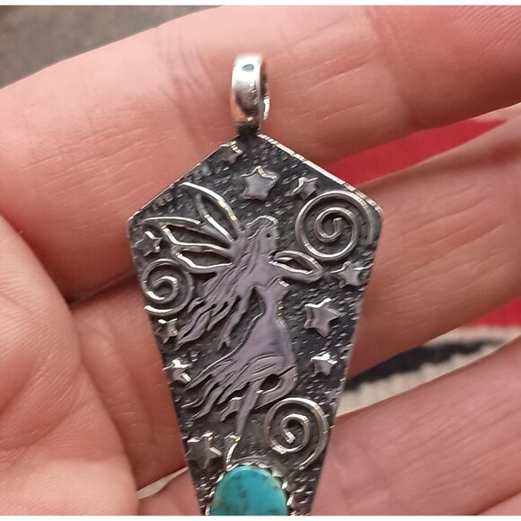 Sterling Silver Fairy Pendant Necklace Turquoise Moon Stars - Picture 4 of 8